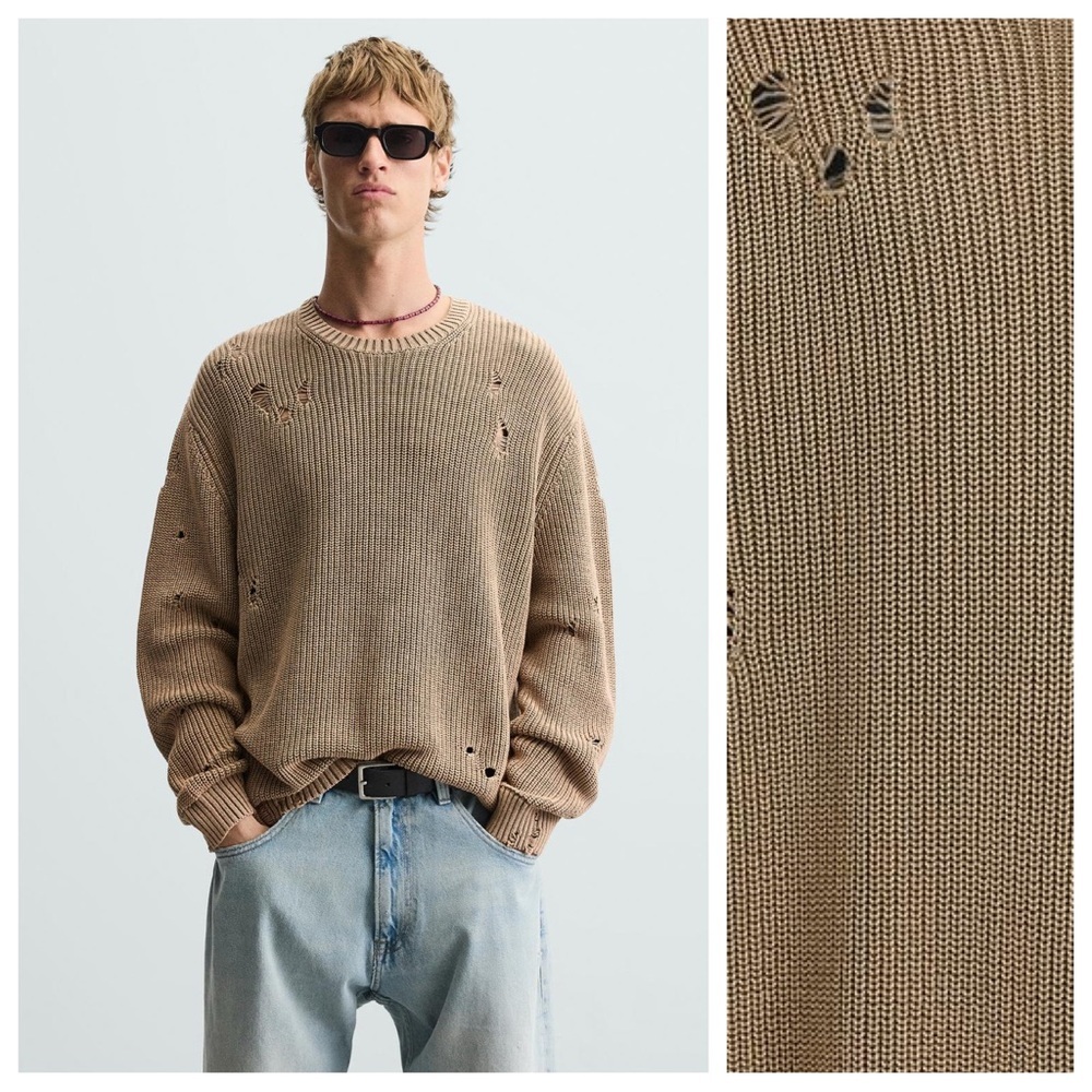 NWOT. Zara Man Camel Ripped Acid Wash Knit Sweater. Size M. - Picture 1 of 10